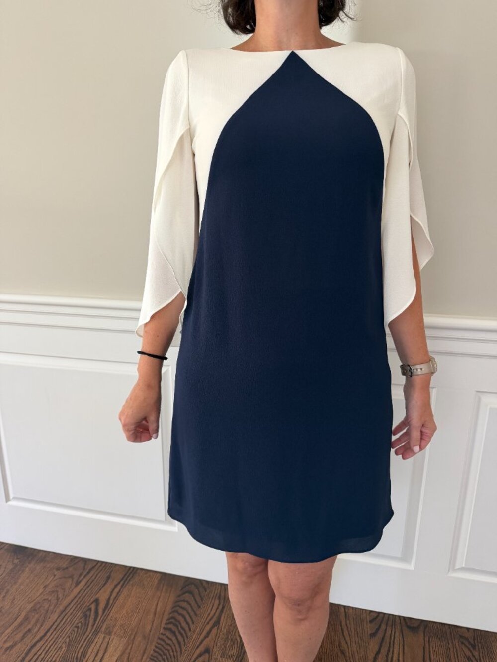 Navy White Colorblock Shift Dress Split Sleeve Occasion Dress